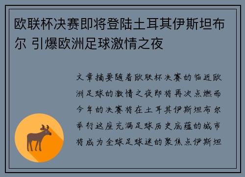 欧联杯决赛即将登陆土耳其伊斯坦布尔 引爆欧洲足球激情之夜 欧联杯决赛即将登陆土耳其伊斯坦布尔 引爆欧洲足球激情之夜